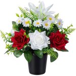 Fleurs de tombe artificielles en pots rose lys et marguerite artificiels avec pot pour cimeti�re rouge ...