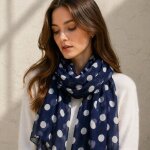 Foulard mousseline bleu marine � pois blancs �l�gant femme