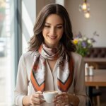 Foulard satin 70x70 femme motifs floraux marron et orange �l�gant