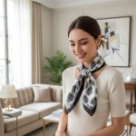 Foulard satin 70x70 femme noir et blanc motifs coquillages �l�gants