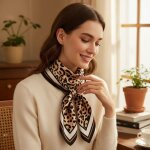 Foulard satin carr� 70x70 cm beige marron noir motif l�opard femme