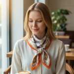 Foulard satin carr� 70x70 cm blanc �cru orange violet motif cha�nes femme