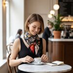 Foulard satin carr� 70x70 cm noir rouge beige motif floral �l�gant femme