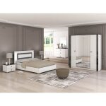 Gaa - chambre lit 140x190 cm + chevets + commode + armoire laque blanc avec dcor noir