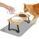 Gamelle chat sur�lev�e 2 bols c�ramique + support inclin� 15� + tapis antid�rapant