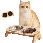 Gamelle double bol inox sur support bambou - mangeoire / abreuvoir sur�lev�e antid�rapante pour chat ...