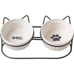 Gamelles sur�lev�es pour chat bol double pour chat d�jeuner c�ramique(2x400ml)pour nourriture / eau (blanc ...