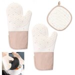 Gants de four - cuisine - beige - silicone et coton - résistants à la chaleur - 2 gants et 1 manique Gants de four - cuisine - beige - silicone et coton - résistants à la chaleur - 2 gants et 1 manique