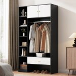 Garde - robe compacte - 105x185x40 cm - blanc + noir - 2 portes - 6 compartiments - tringle � v�tements ...