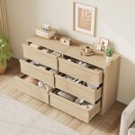 Garvee commode 6 tiroirs double en bois grand rangement pour salon chambre ou entr�e naturel