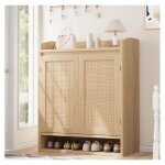 Garvee meuble � chaussures moderne en rotin et bois ch�ne avec �tageres r�glables antipoussi�re pour ...