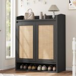Garvee meuble � chaussures moderne en rotin et bois ch�ne avec �tageres r�glables antipoussi�re pour ...