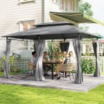Gazebo de jardin 3x4 m avec rideaux amovibles toit double et structure en m�tal gris