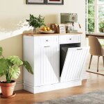 Giantex buffet de cuisine - poubelle double inclinable - planche � d�couper - plateau en bois de caoutchouc ...