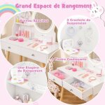 Giantex coiffeuse enfant avec miroir led tabouret etag�re ouverte 2 tiroirs pieds en bois de pin pour ...