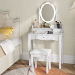 Giantex coiffeuse avec tabouret miroir pivotant � 360� lumi�res led r�glable pieds en pin 3 tiroirs 75 ...