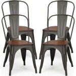 Giantex lot 4 chaises salle  manger empilables - cadre en fer + sige en bois - style industriel - pour ...