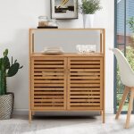 Giantex meuble de salle de bain en bambou avec 2 portes et �tag�re amoviblearmoire de rangement � 4 �tages64x ...