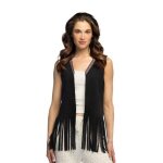 Gilet boh�me su�dine noir � franges hippie femme
