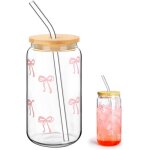 Gobelet verre 500 ml couvercle + paille n?ud rose bubble tea / caf� glac� / cocktail / soda r�utilisable. ...