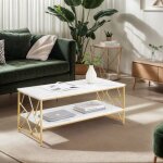 Gokhomx blanc imitation marbre 1 pi�ce avec rangement table basse rectangulaire pieds m�tal dor� salon ...