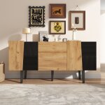 Grand buffet tv effet ch�ne avec 2 tiroirs portes � grille noire et pieds en bois massif