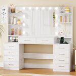 Grande coiffeuse 150 � 40 � 140cm avec miroir led 2 prises et 2 ports usb 10 tiroirs de rangement blanc ...
