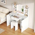 Grande coiffeuse avec miroir �clairage led r�glable et tabouret table de maquillage avec 1 tiroir et ...