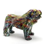 Grande statue chien bouledogue anglais noir rsine avec coulures de peinture multicolores pour dcoration. ...