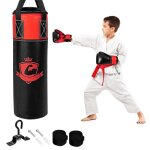 Gymax ensemble de sac de boxe 60cm et gants de boxe pour enfants avec bandages sac de transport et rembourrage ...