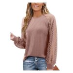 Haut en dentelle femme manches longues col rond �l�gant rose xxl - chemisier chic maille gaufr�e style ...