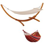 Homavo hamac sur pied 2 hamacs inclus (blanc + rouge) supporte 200 kg support en bois 320�120�120 cm