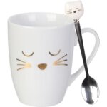 Mug avec cuillère - home deco factory - ka4189 - chat blanc doré - céramique - d115 x h10 cm Mug avec cuillère - home deco factory - ka4189 - chat blanc doré - céramique - d115 x h10 cm