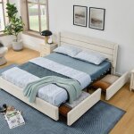 Homvra lit adulte 140�200 cm lit double lit 2 places avec 4 tiroirs et sommier en chenille beige (sans ...