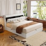 Homvra lit adulte 140x190 cm lit coffre avec t�te de lit de rangement et sommier � lattes pu blanc (sans ...