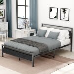 Homvra lit adulte 140x200 cm lit double avec sommier � lattes m�tal noir sans matelas