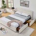 Homvra lit adulte 160�200 cm lit double lit 2 places avec 4 tiroirs et sommier en chenille beige (sans ...