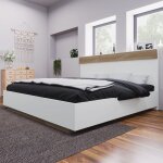 Homvra lit adulte 160x200 cm lit double - sommier � lattes - style flottant - ch�ne + blanc (sans matelas) ...