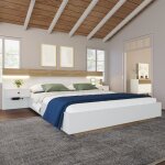 Homvra lit adulte 180�200cm lit double - 2 chevets - led et usb - sommier � lattes - blanc + ch�ne