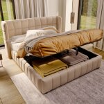 Homvra lit adulte 180x200 cm lit coffre avec rangement hydraulique et sommier � lattes lin beige (sans ...