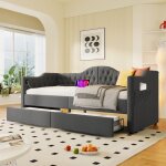 Homvra lit banquette 90x190 cm avec 2 tiroirs ports usb et type c lin gris (sans matelas)