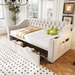 Homvra lit banquette 90x190 cm lit enfant avec 2 tiroirs ports usb et sommier � lattes velours beige