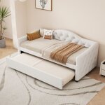 Homvra lit banquette 90x200 cm avec lit gigogne sommier � lattes en lin beige sans matelas