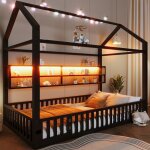 Homvra lit cabane 90x200 cm lit enfant avec barri�re de s�curit� et �clairage led �tag�res m�tal noir ...