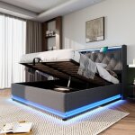 Homvra lit coffre 140x200 cm lit adulte avec led et usb sommier � lattes inclus lin gris (sans matelas ...