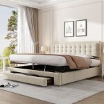 Homvra lit coffre 160�200 cm lit adulte avec tiroir 2 en 1 et sommier � lattes velours beige (sans fond) ...