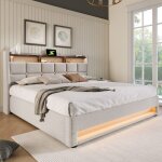Homvra lit coffre 160x200 cm lit adulte double avec usb et led rangements sommier � lattes lin beige ...