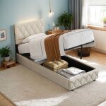 Homvra lit coffre 90�200 cm lit enfant simple avec rangement et sommier � lattes velours hollandais beige ...