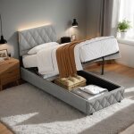 Homvra lit coffre 90�200 cm lit enfant simple avec rangement et sommier � lattes velours hollandais gris ...