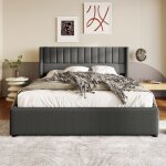Homvra lit coffre lit double 180x200 cm avec t�te de lit rembourr�e sommier � lattes bois et m�tal lin ...